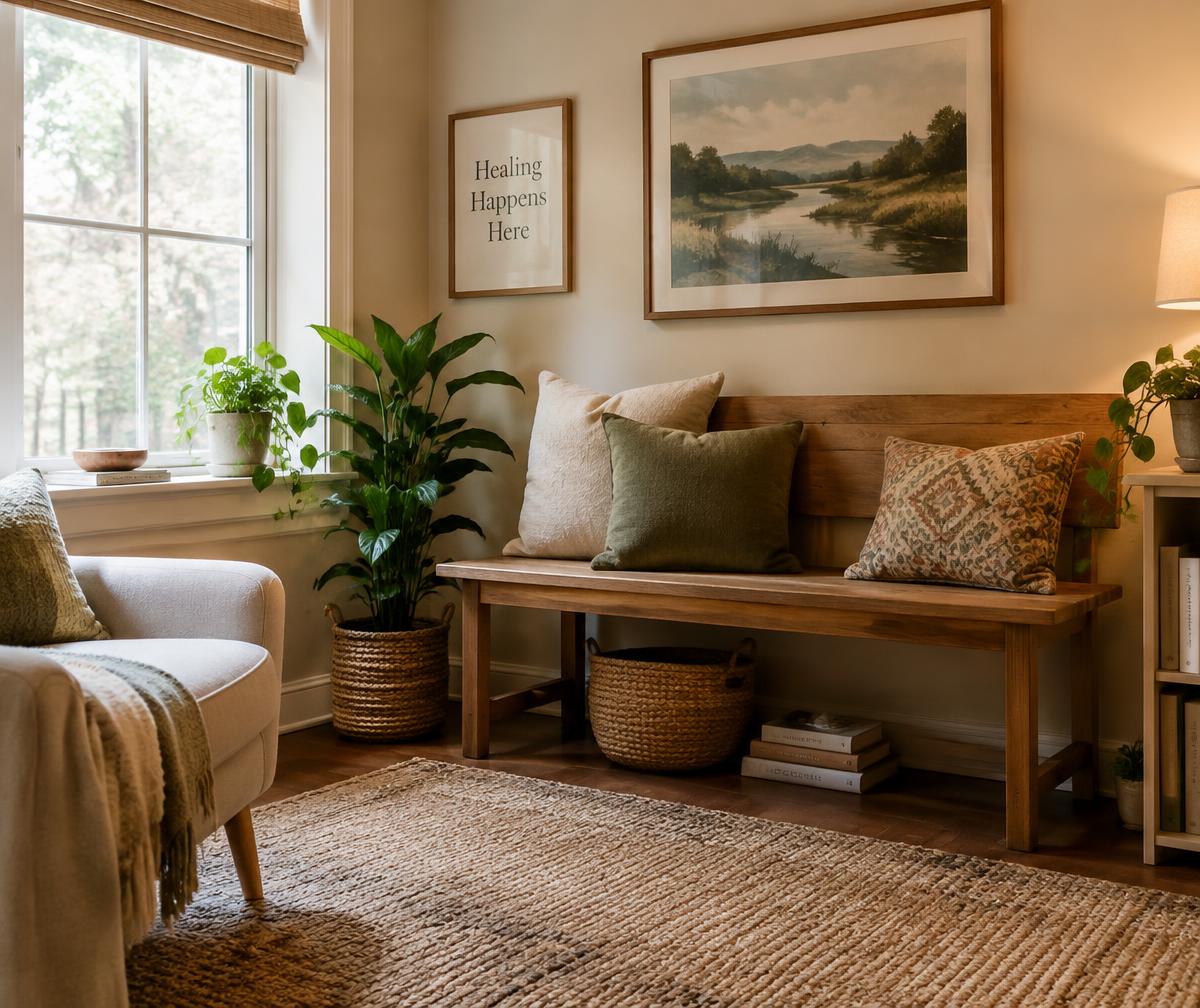 Warm counselling waiting space with a wooden bench and plants