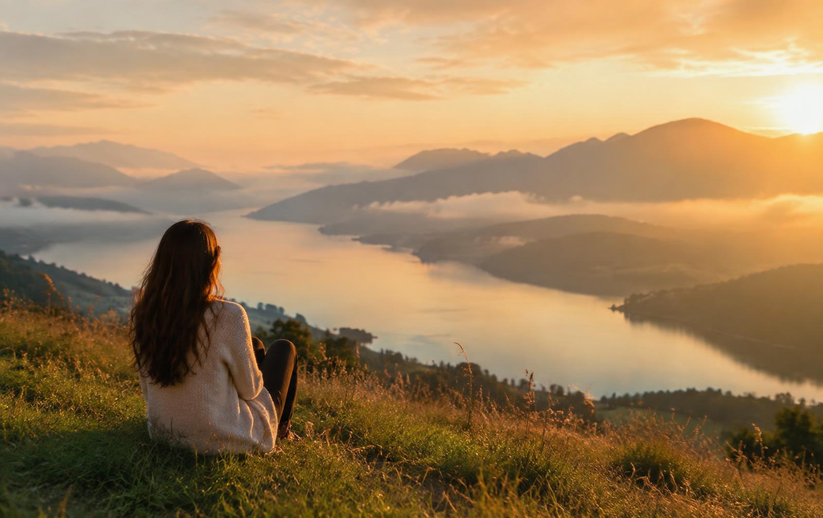Woman sitting on a hillside looking over a calm mountain lake at sunrise