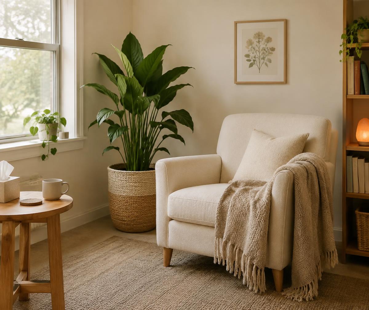 Calm counselling room with a cream armchair and plants